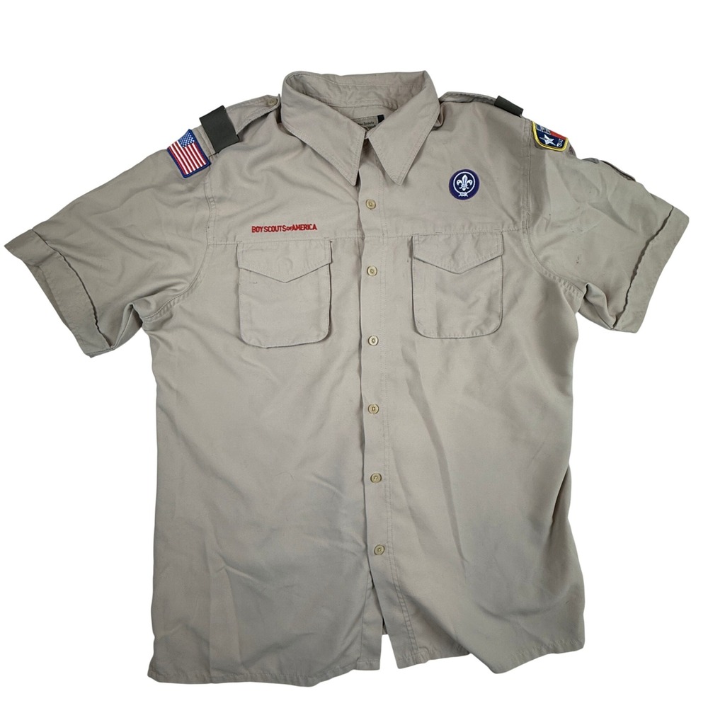 Boy Scout of America Uniform Shirt Mens Large Tan Short Sleeve Patches Polyester